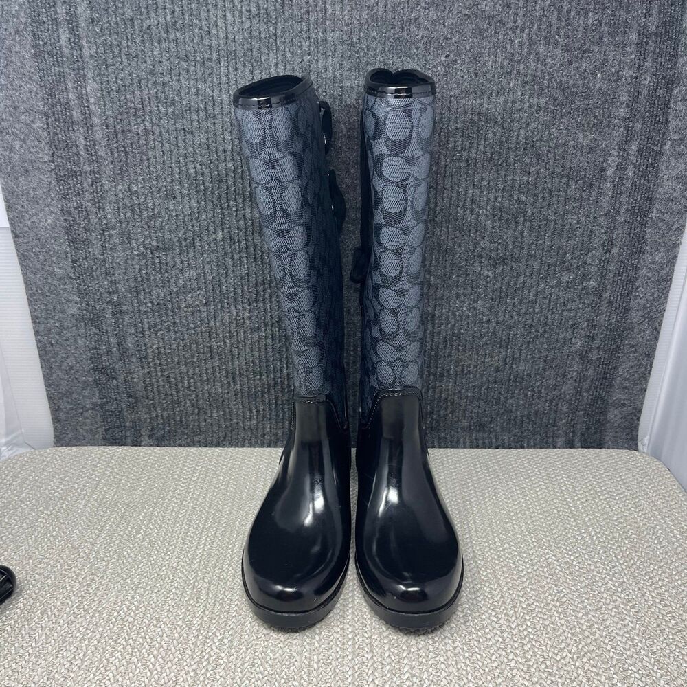 Coach Tristee Tall Rain Boots Rubber Black Signature Print Logo Women’s 7 B - Picture 2 of 9